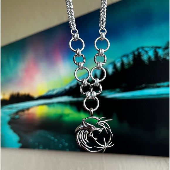 Handmade stainless steel necklace double wheat chain wolf celtic viking charm - Picture 8 of 10